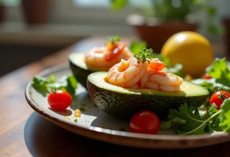 Avocat farci aux crevettes fraîches et salade croquante