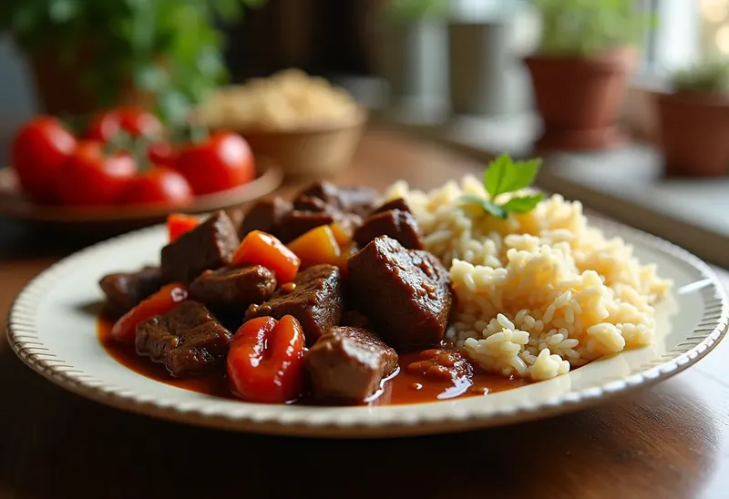 Boeuf mijoté aux poivrons et riz parfumé : plat complet savoureux