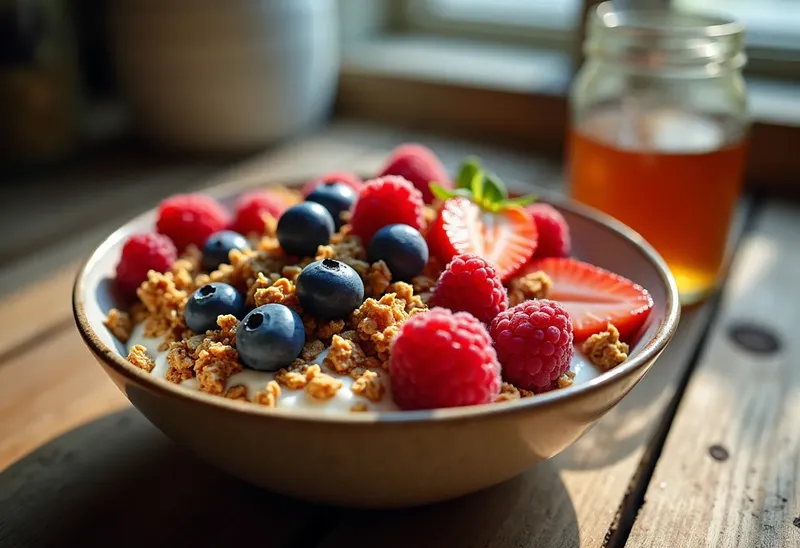 Bol gourmand aux fruits rouges frais et granola croustillant