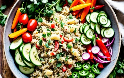 Recette bowl quinoa légumes croquants sauce tahini frais et sain