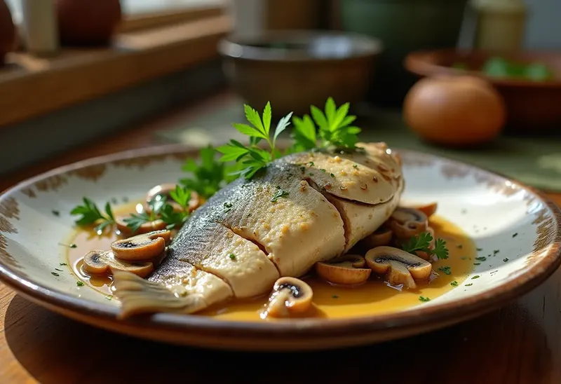 Brochet entier à la sauce au vin blanc et champignons frais