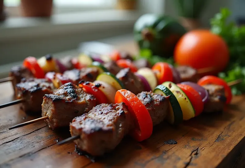Brochettes d'agneau grillées aux légumes colorés