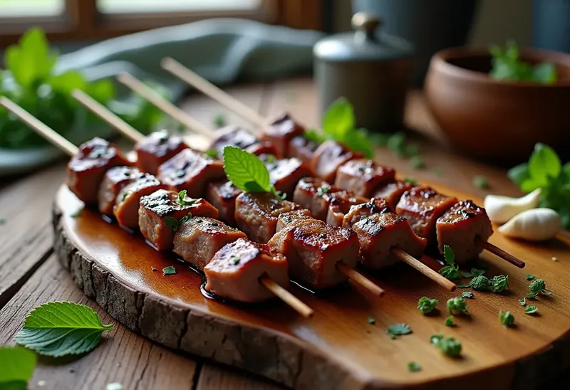 Brochettes d'agneau marinées à la menthe fraîche, grillées à la perfection