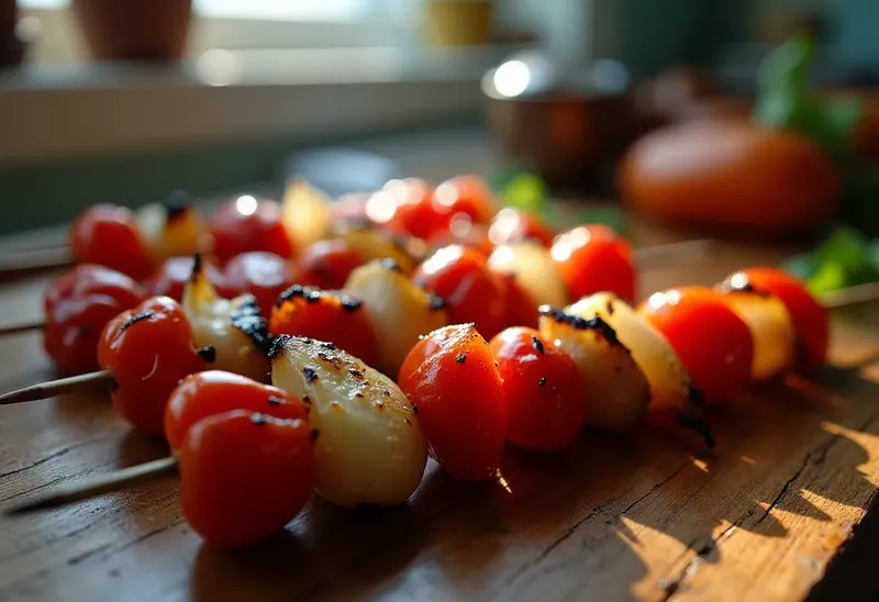 Brochettes de légumes grillés aux poivrons, tomates et oignons