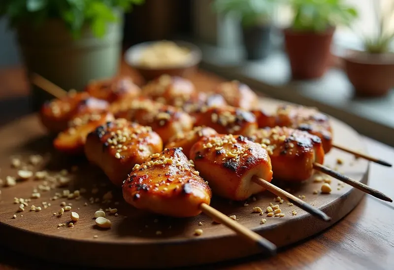 Brochettes de poulet grillées aux cacahuètes croustillantes