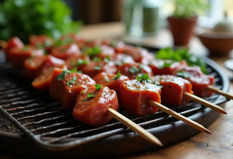 Brochettes de veau marinées aux herbes fraîches, grillées à la perfection