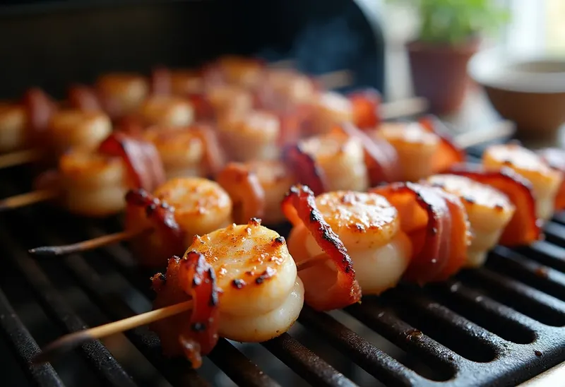 Brochettes gourmandes de Saint-Jacques et crevettes enrobées de bacon