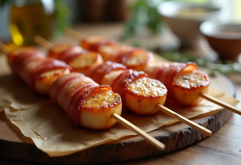 Brochettes gourmandes de Saint-Jacques panées au lard croustillant