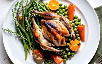 Recette de Caille Rôtie au Nid de Légumes Printaniers - Plat Raffiné