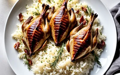 Recette facile de cailles rôties au four avec riz pilaf aux lardons