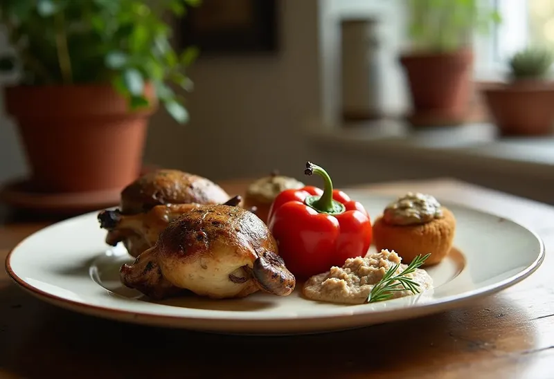 Cailles rôties en poivron rouge farci sur lit de foie de volaille