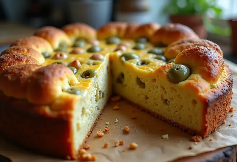 Cake moelleux aux olives vertes, noisettes croquantes et comté fondant