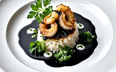Recette raffinée de calamars à l'encre noire avec soufflé au persil