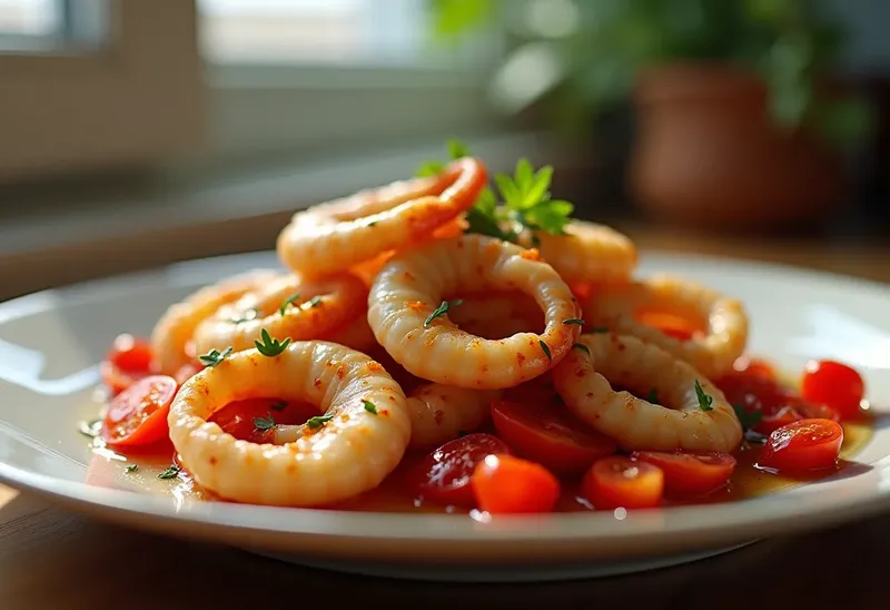 Calamars sautés minute aux piments et dés de tomates frais