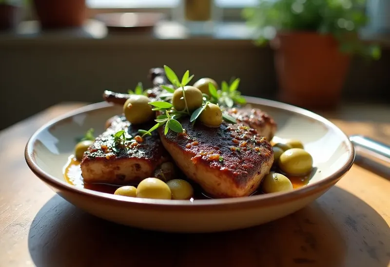 Canard mijoté aux olives vertes et herbes de Provence