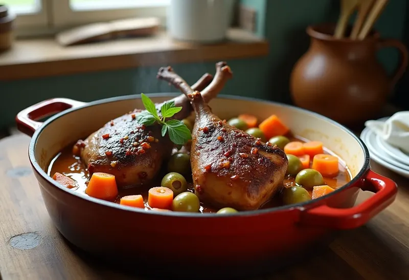 Canard mijoté en cocotte aux olives vertes et herbes de Provence
