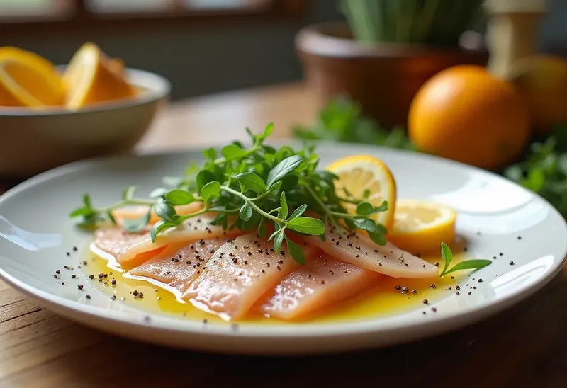 Carpaccio de bar frais aux agrumes et huile d'olive