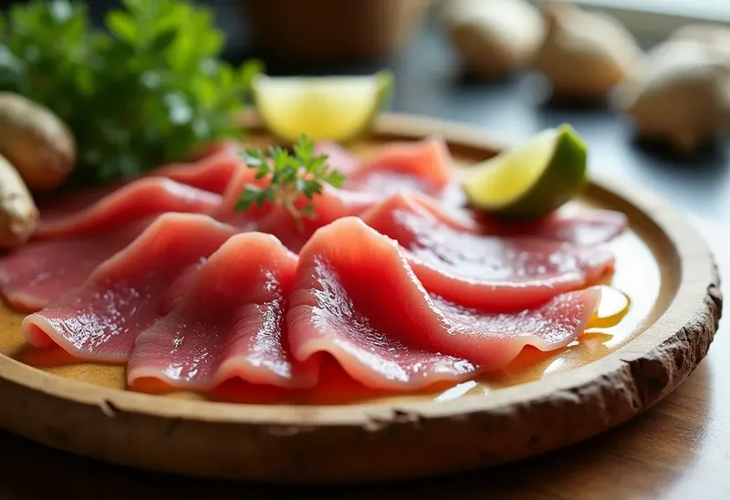 Carpaccio de thon frais au gingembre et agrumes