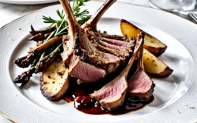 Recette facile de carré d'agneau rôti sauce porto et pommes de terre au lard