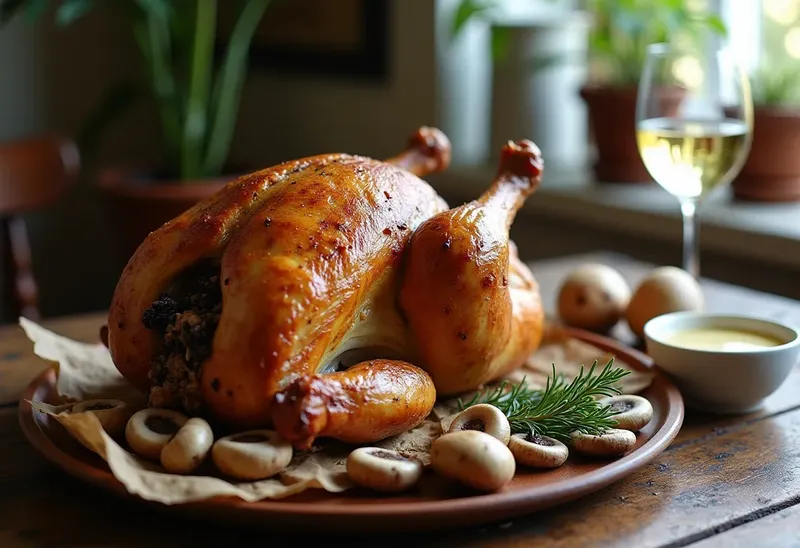 Chapon farci au foie gras et truffes noires, sauce aux champignons