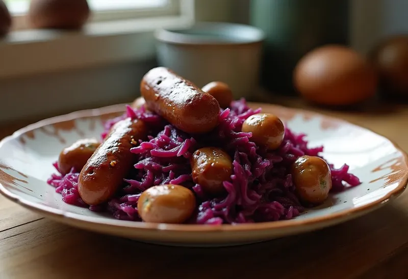 Choux rouge mijoté aux saucisses et marrons : recette savoureuse et réconfortante