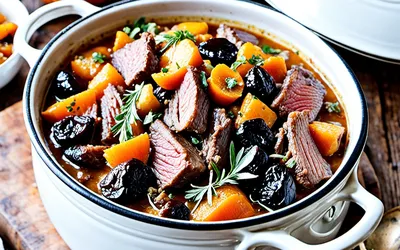 Cocotte de bœuf mijotée au potiron et fruits secs : recette facile et savoureuse