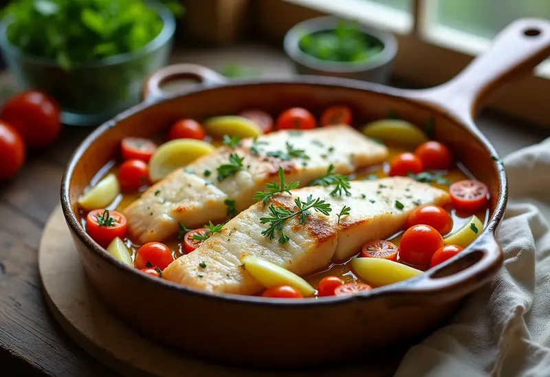 Cocotte de morue fondante aux poireaux et tomates fraîches