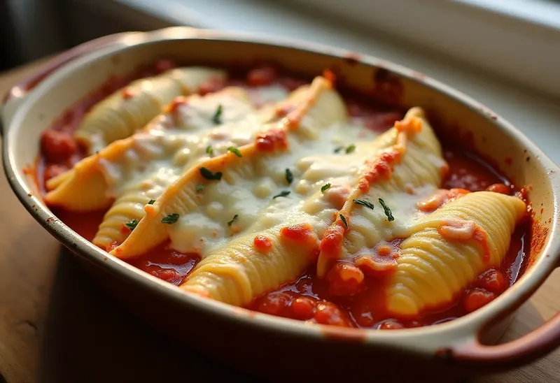 Conchiglione farcis au poulet et ricotta, gratinés à la sauce tomate maison