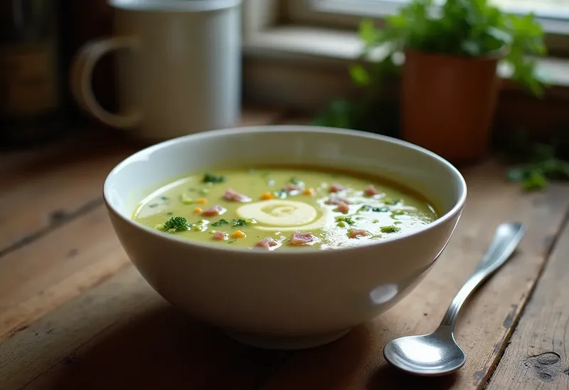 Consommé de brocolis et jambon savoureux