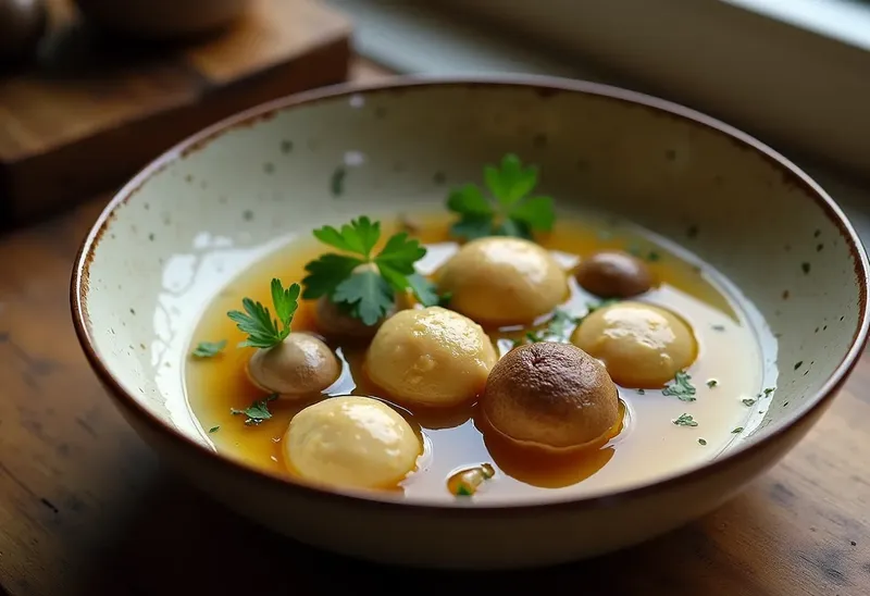 Consommé de champignons aux quenelles de volaille délicates