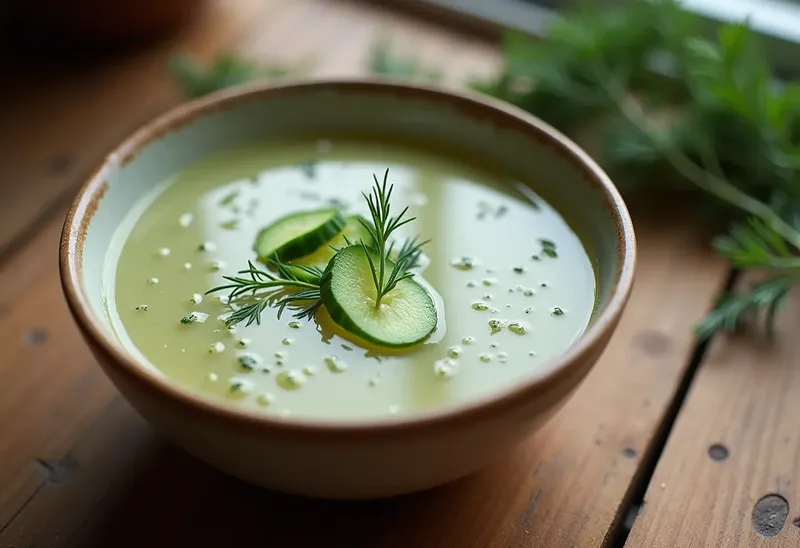 Consommé froid de concombre à l'aneth frais, recette légère et rafraîchissante