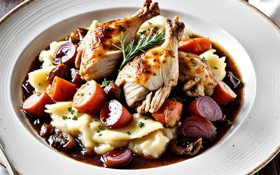 Recette traditionnelle de coq fermier au vin rouge avec purée écrasée