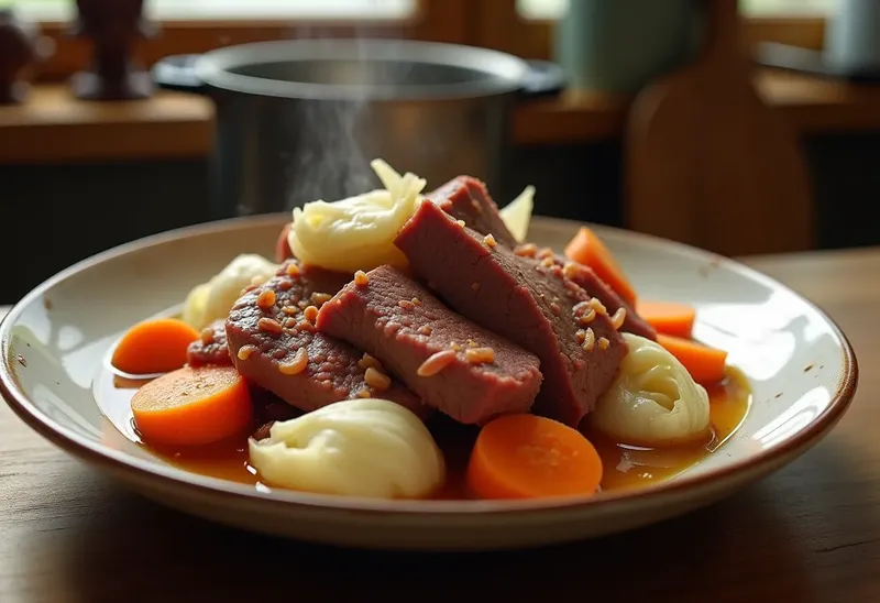 Corned beef mijoté au chou fondant : recette traditionnelle savoureuse