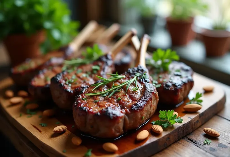 Côtelettes d'agneau grillées aux amandes croquantes et herbes fraîches