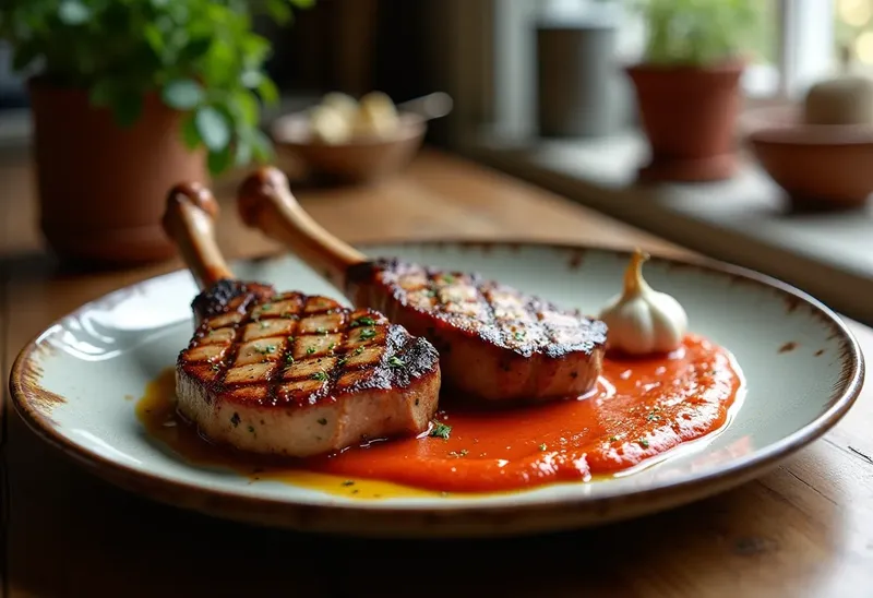Côtes de porc grillées et purée onctueuse de tomates confites