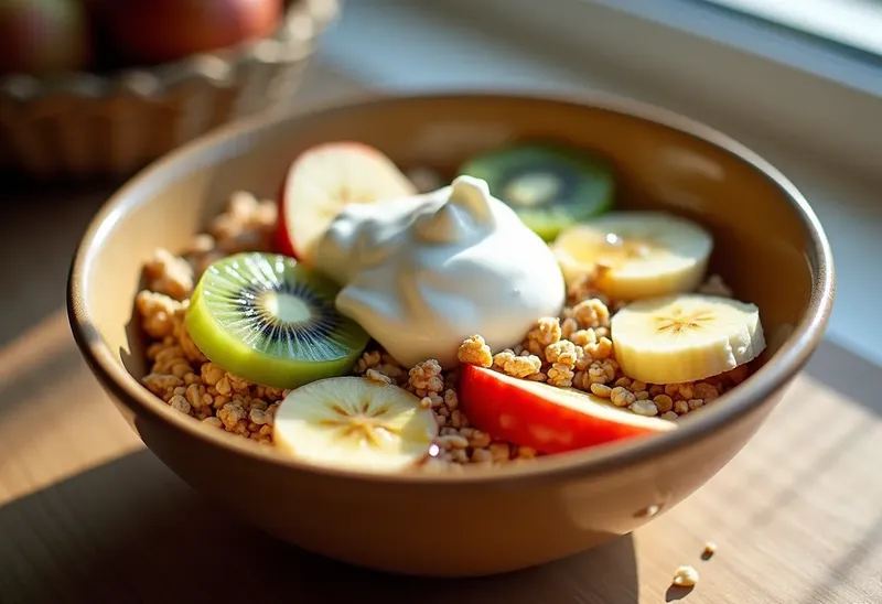 Coupe de fruits frais et muesli minceur pour petit déjeuner sain