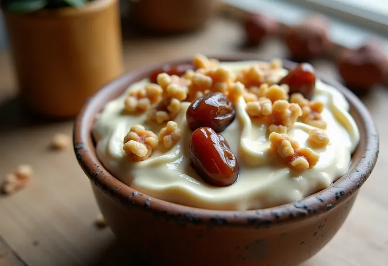 Crème onctueuse aux dattes et noix, dessert sain et gourmand