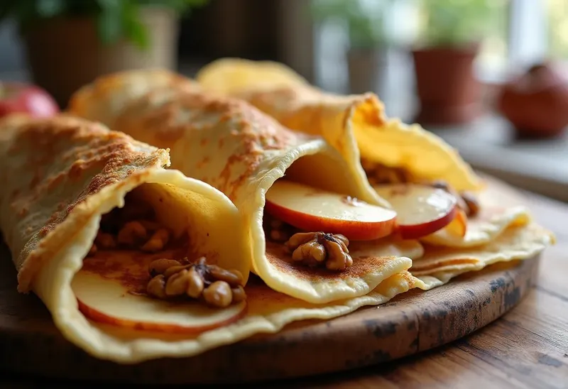 Crêpes roulées flambées aux pommes caramélisées et noix croquantes