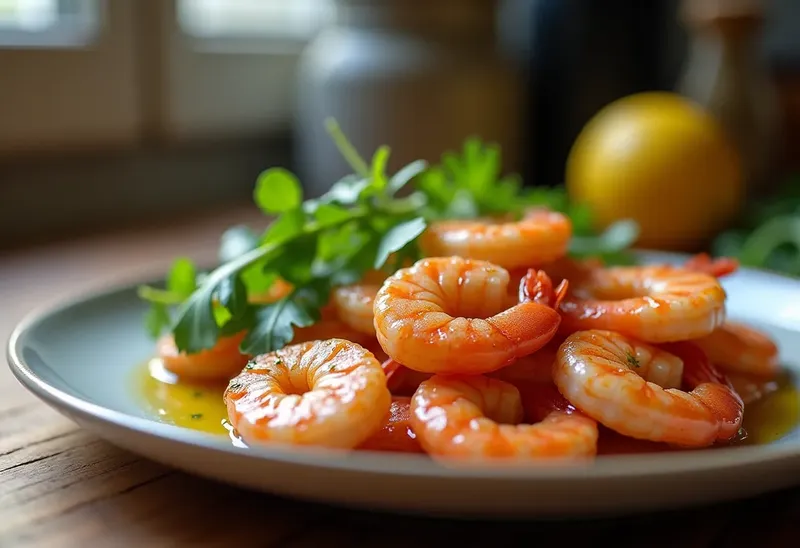 Crevettes roses sautées à l'huile de noix et roquette fraîche