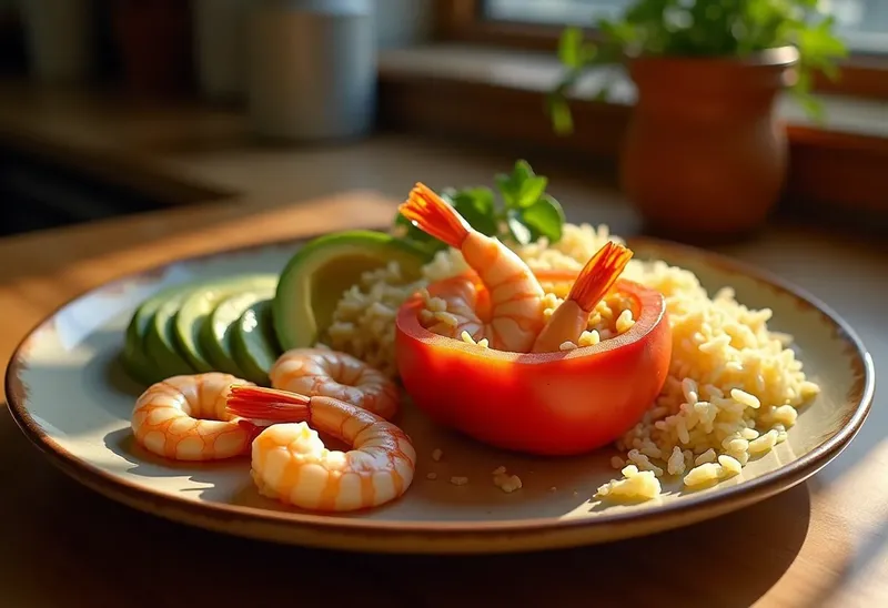 Crevettes savoureuses au riz parfumé et avocat frais en coque de tomate