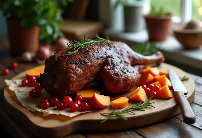 Cuisse de chevreuil rôtie aux patates douces et groseilles fraîches