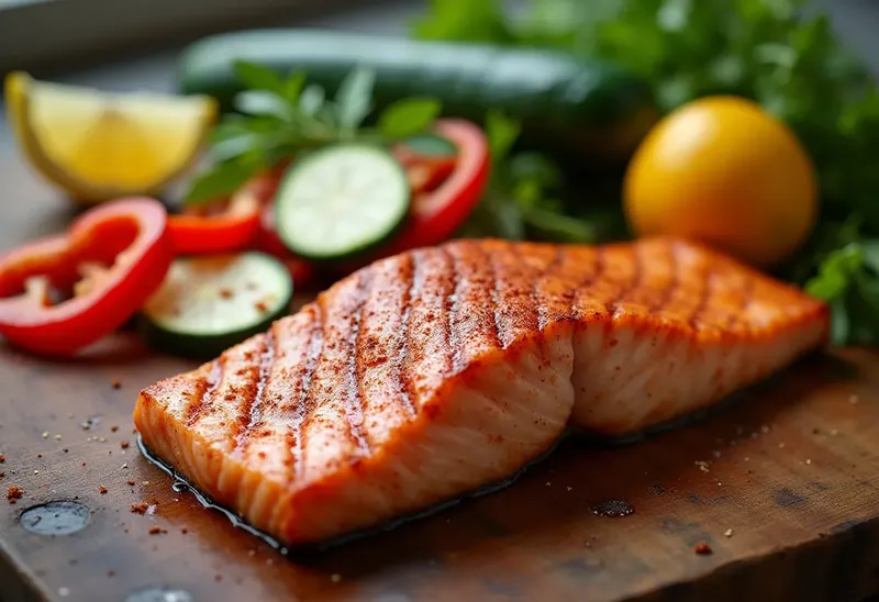 Darne de saumon grillée au paprika et ses légumes croquants