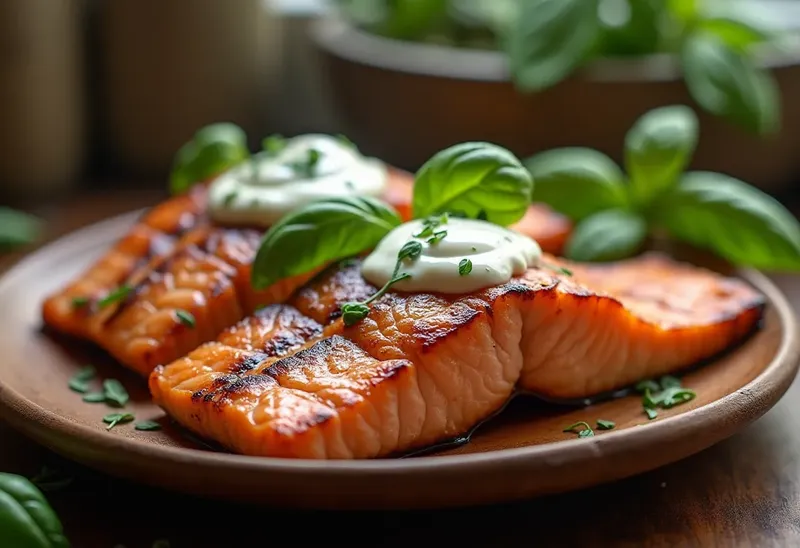 Darnes de saumon grillées à la crème onctueuse au basilic