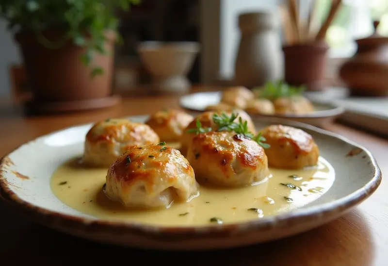 Délicieuses bouchées de volaille en sauce au comté et raisins