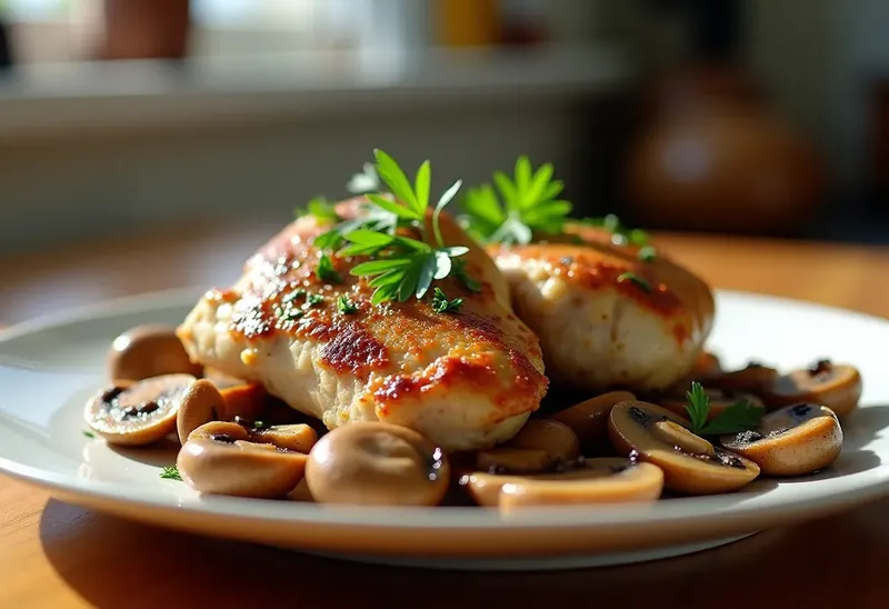 Délicieuses cuisses de poulet au rhum et champignons sautés