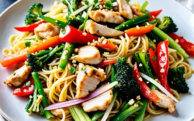 Recette facile de pâtes chinoises sautées au poulet et légumes