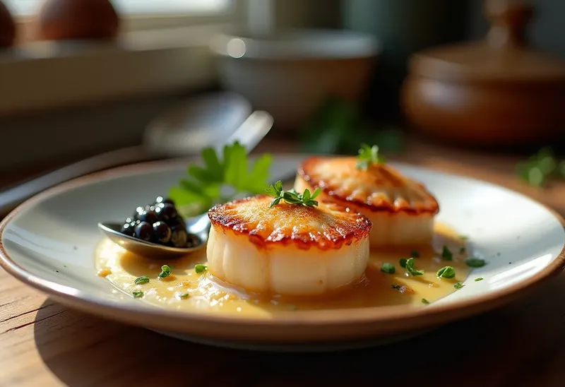 Délicieuses Saint-Jacques Poêlées au Caviar, Sauce Crémeuse et Fines Herbes