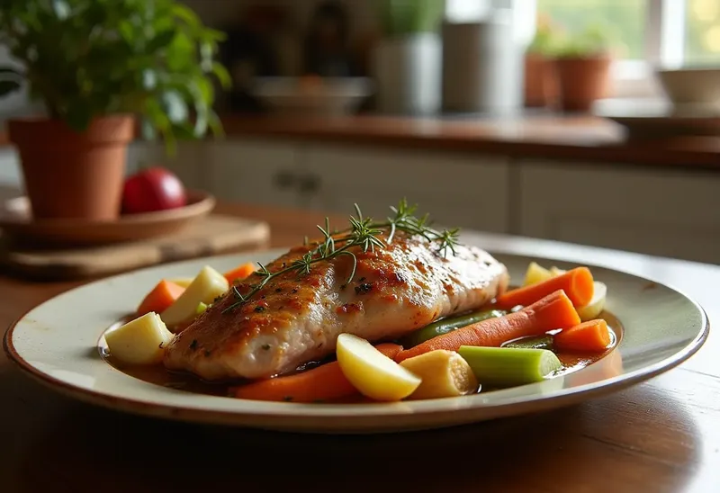 Dinde mijotée au cidre sur lit de légumes de saison