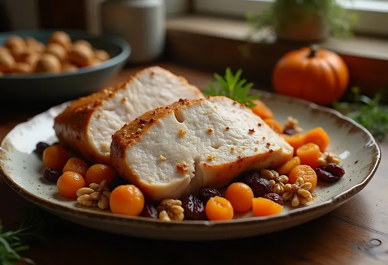 Dinde rôtie aux fruits secs et châtaignes, recette gourmande et facile