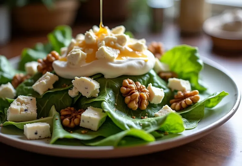 Entrée fraîche au roquefort et noix, salade gourmande